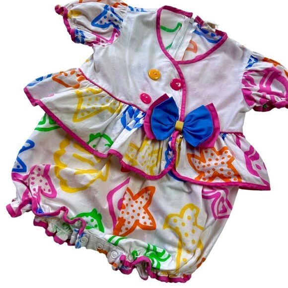 Vintage 1990s Tropical Beach Shell Print Rainbow Bubble Playsuit Jumper - Picture 1 of 7
